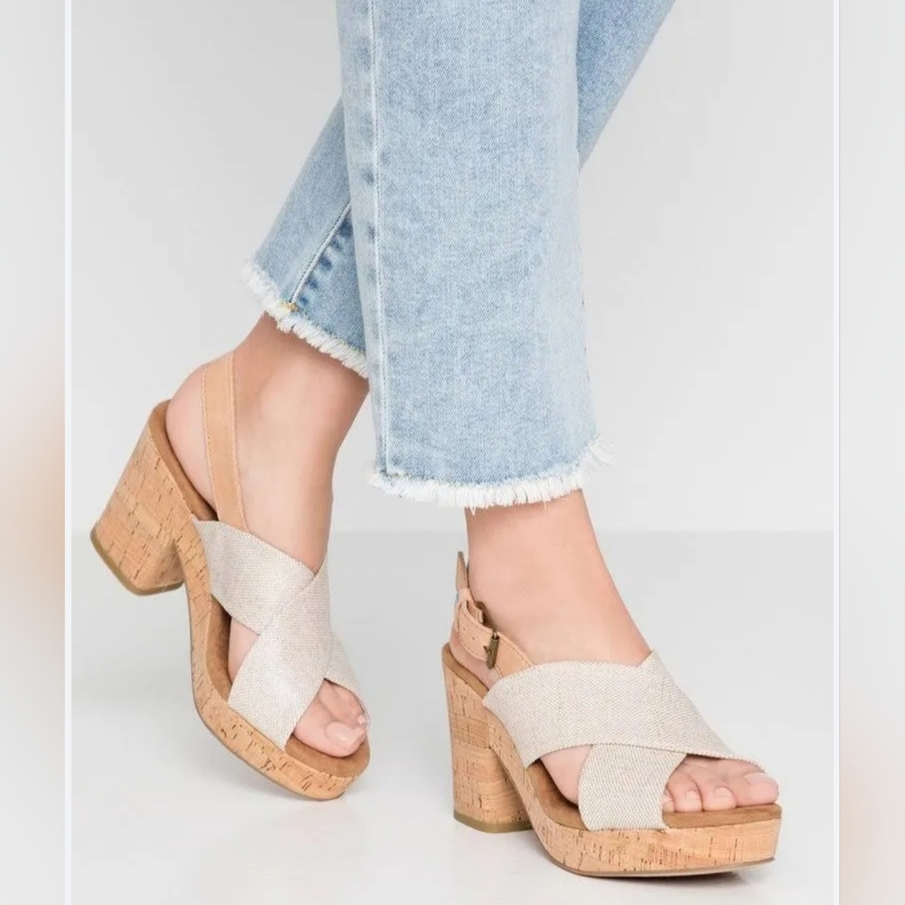 Toms Ibiza Crisscross Beige Wedge Cork Platform Sandals Block Heel 3" US 10